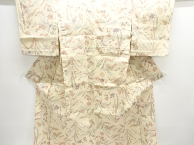 JAPANESE KIMONO / ANTIQUE FLORAL PATTERN WOVEN HAND-WOVEN RAW SILK OJI